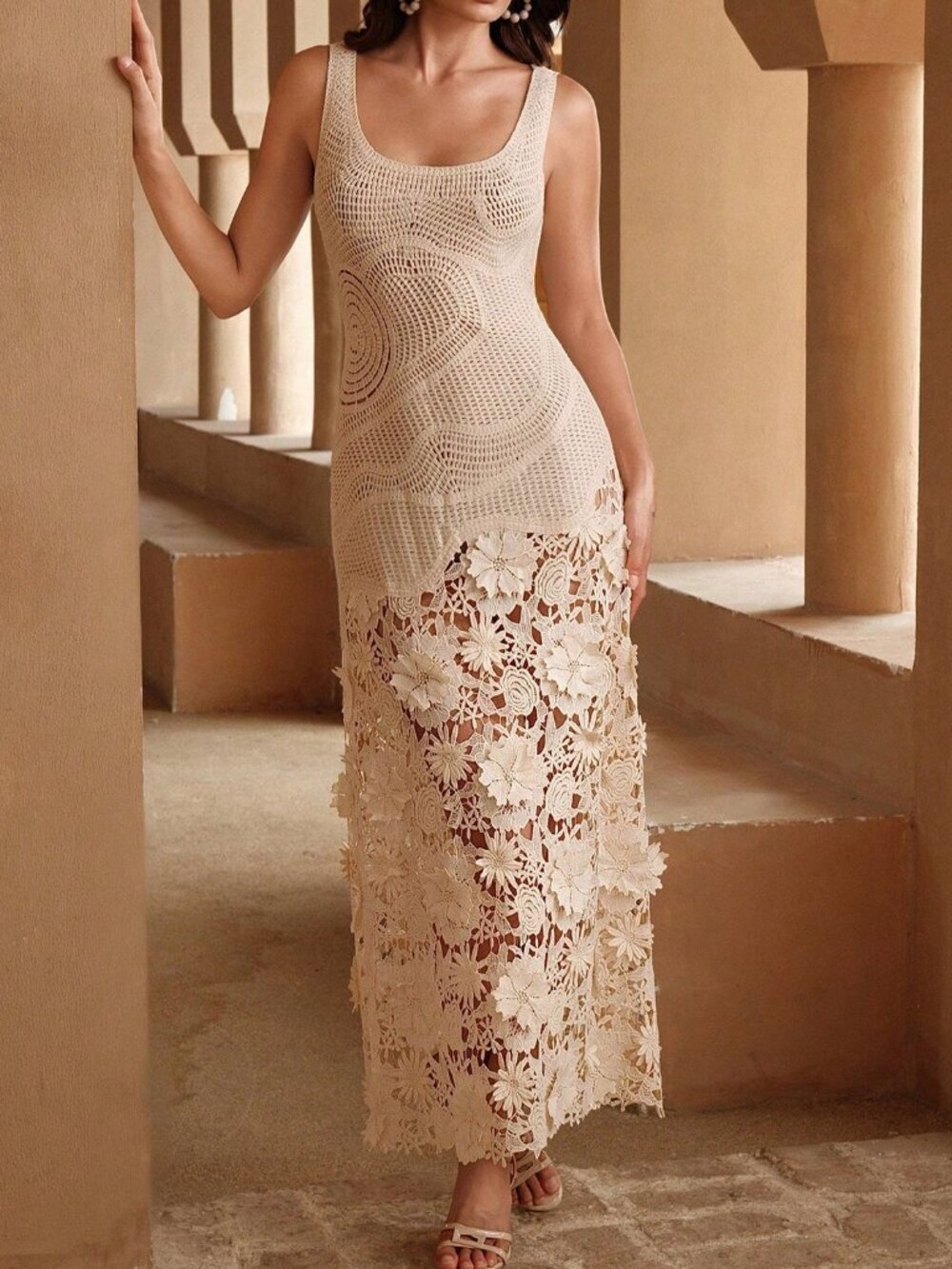 Apricot Casual Women's Elegant Lace Patchwork Color Dress